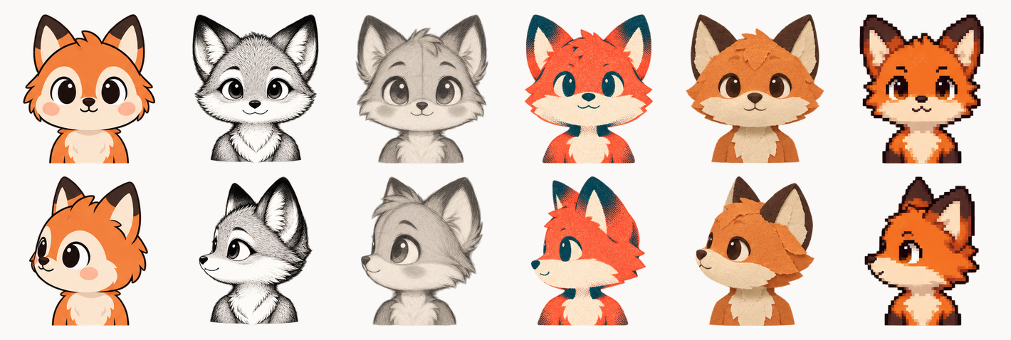the same fox drawn in six styles