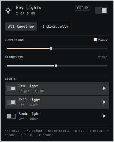 Group view: one temperature and brightness slider driving every light
