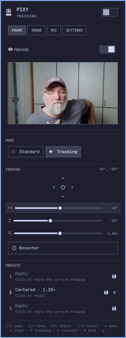 The FRAME tab: privacy switch, the preview switch and the pinned preview, mode chips, jog pad, pan/tilt/zoom sliders and the framing presets