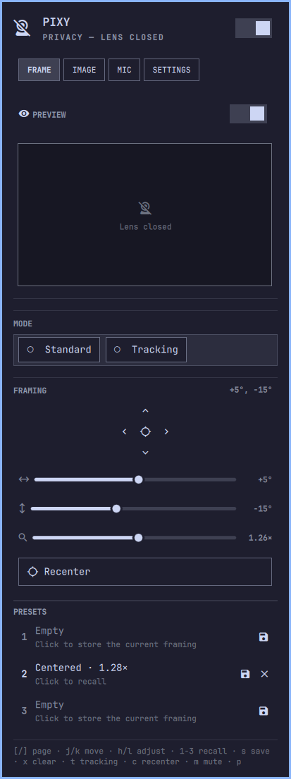 Privacy mode: the preview collapsed to a closed-lens placeholder, the mode chips dimmed