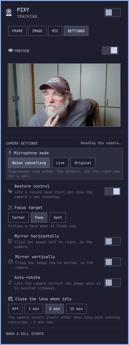 The SETTINGS tab: the camera's own firmware settings