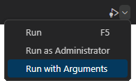 Run with arguments button