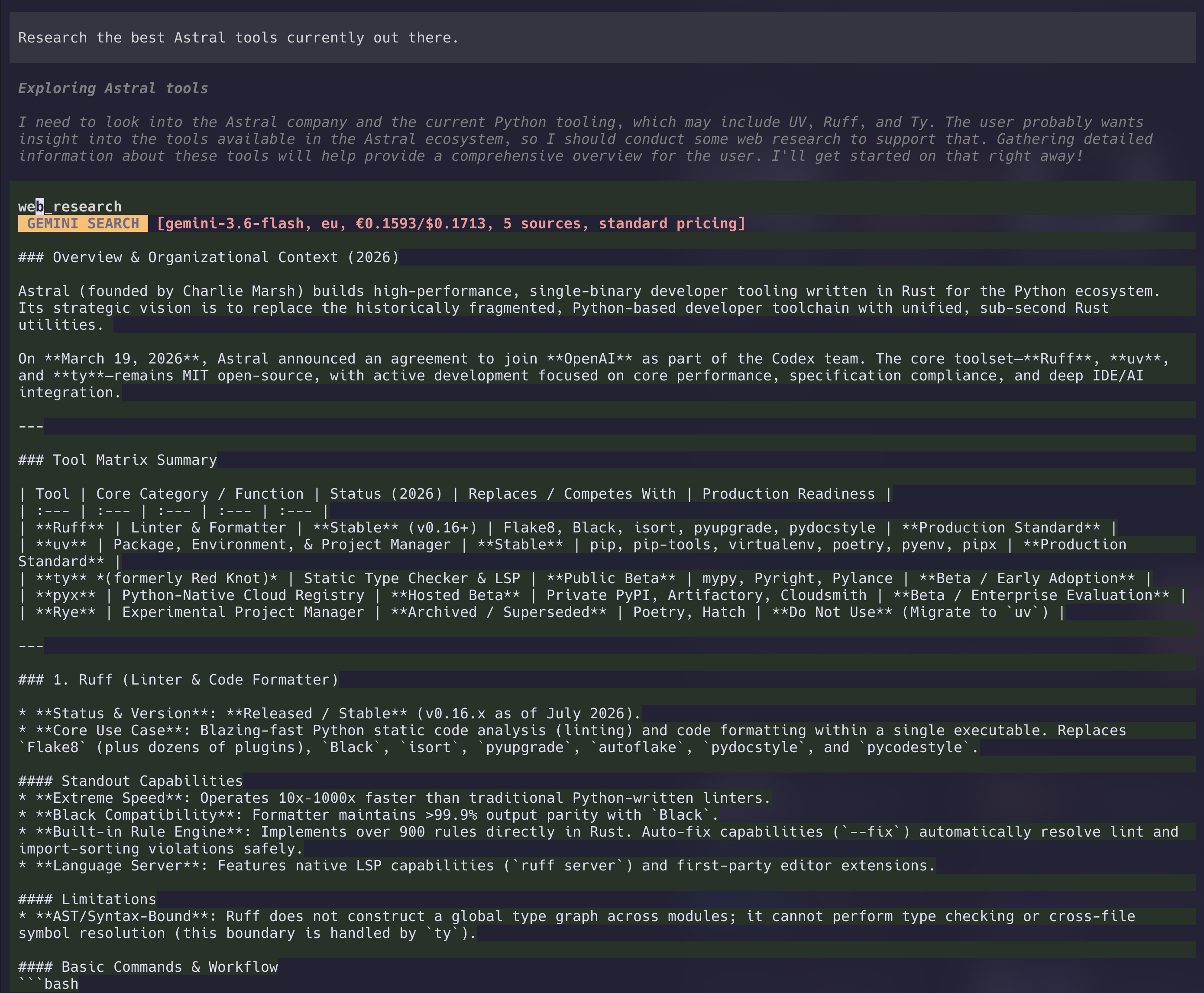 Web research result with structured analysis and sources