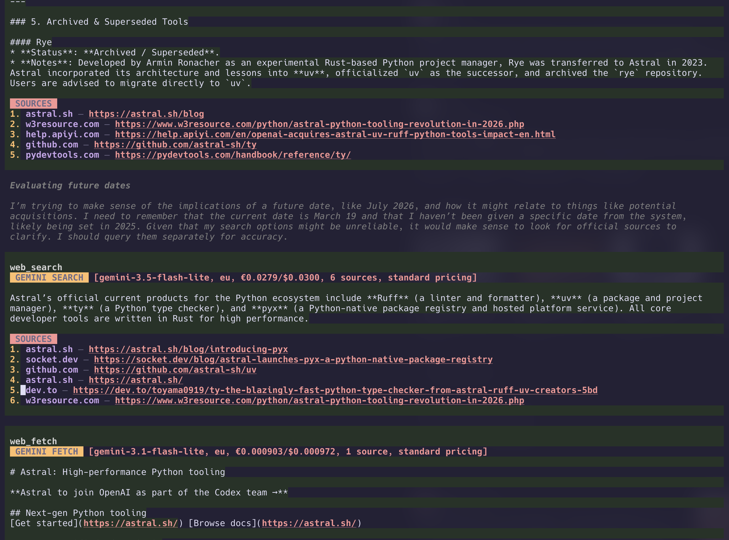 Web search result with sources and cost summary