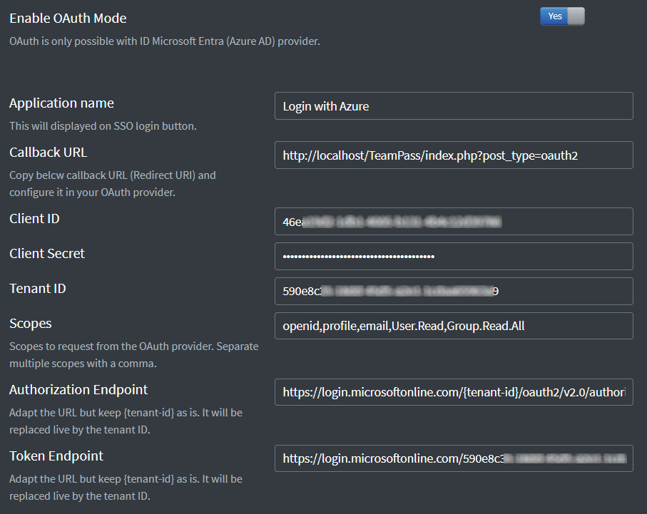 OAuth2 settings