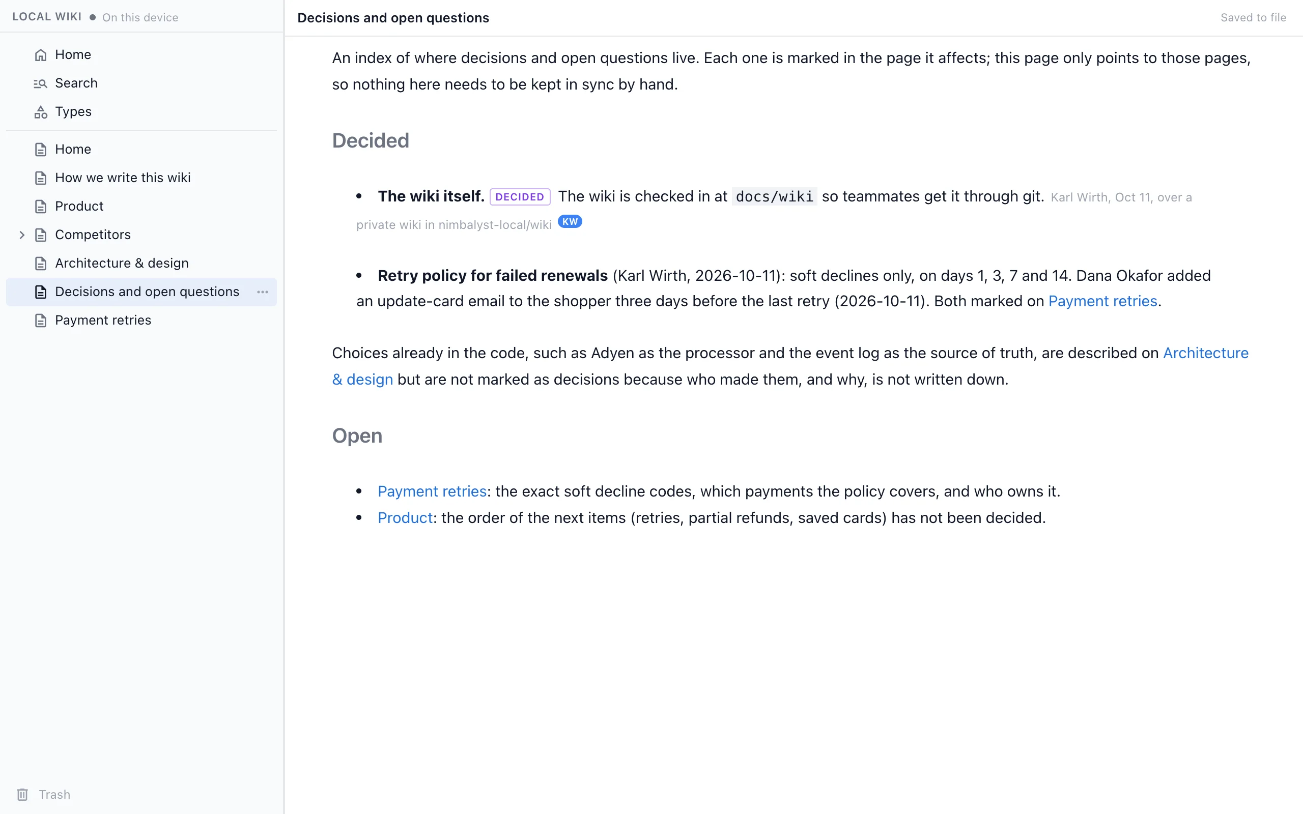 The Decisions and open questions page in the browser, listing what was decided and what is still open