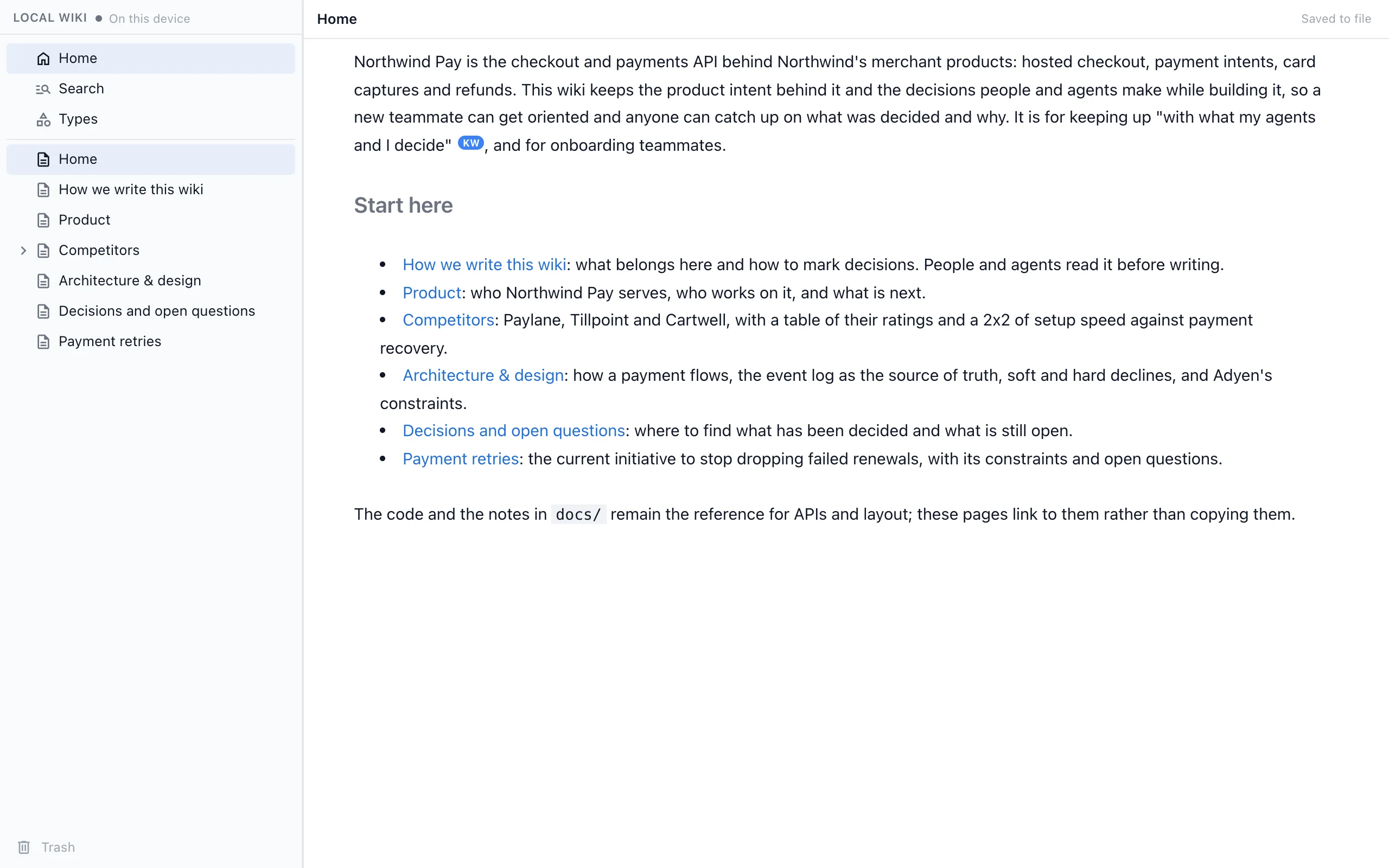 The wiki Home page in the browser, with the page tree on the left and links to every area of the wiki