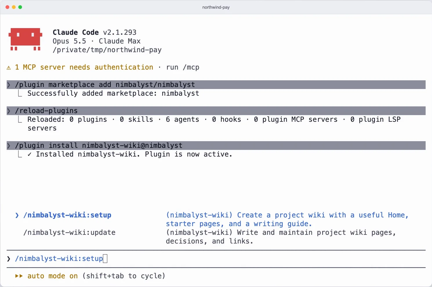 Claude Code after installing the Nimbalyst Wiki plugin, with /nimbalyst-wiki:setup typed at the prompt