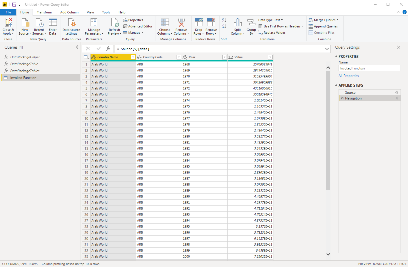 Microsoft Power BI UI: GDP Tabular Data Package Resource Data