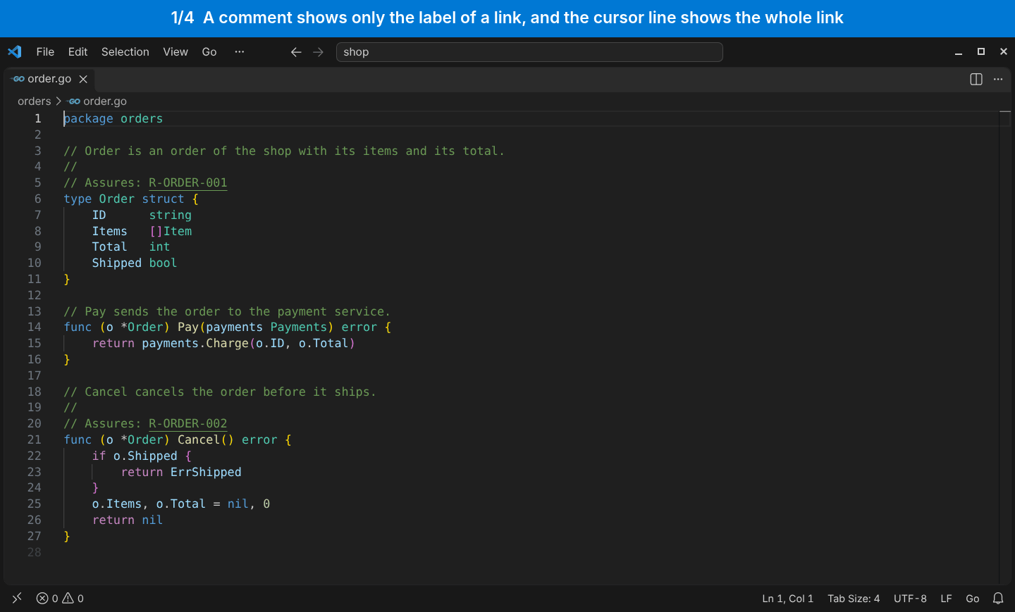 A Go file in VS Code, in four scenes: the cursor on a line shows the whole link, a new link starts with an empty label, the chosen file and then the chosen heading fill the label, and Ctrl+click opens requirements.md at its heading; a blue band above the window names each scene, and a label at the bottom names each pressed key and its command