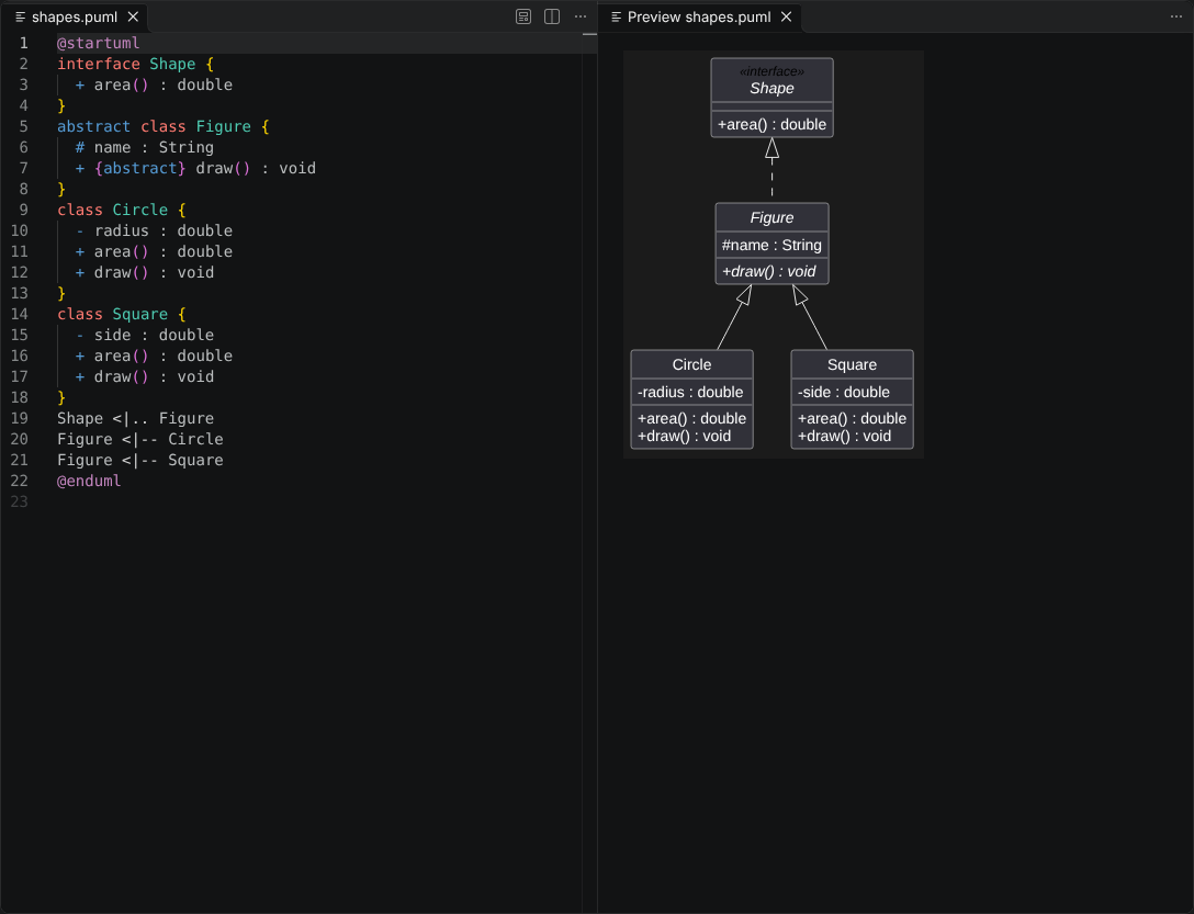 A PlantUML file with a class diagram, and its preview to the side