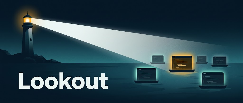 Lookout: a lighthouse whose beam sweeps over coding sessions floating on a dark sea
