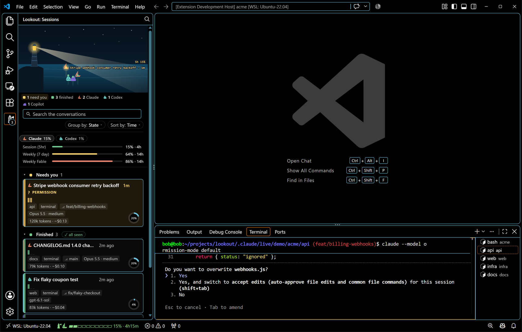 VS Code with the Lookout board in the side bar: the harbour with one boat per session, the legend, the search box with its Group by and Sort by chips, each agent's usage limits, and the cards: one Claude session waiting on a permission, and a Claude, a Codex and a Copilot session finished; the terminal below shows the prompt it waits on