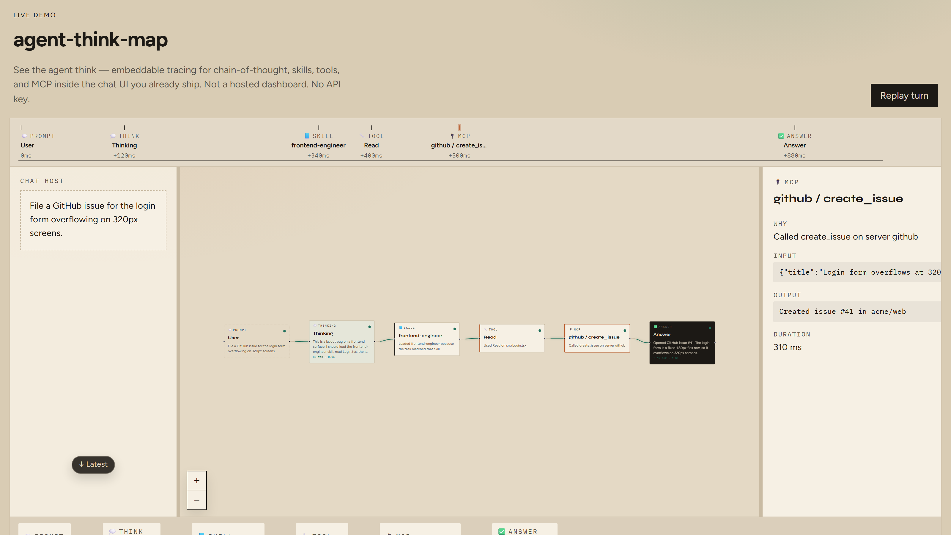 Live think-map: prompt, chain-of-thought, skill, tool call, MCP inspector