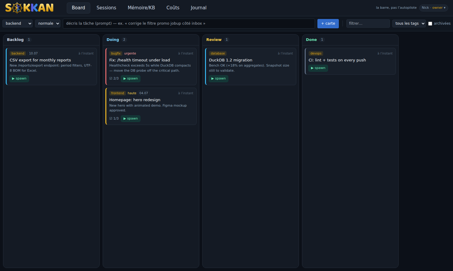 The board: kanban cards with priorities, due dates and checklists — ▶ spawn turns a card into a pre-seeded session
