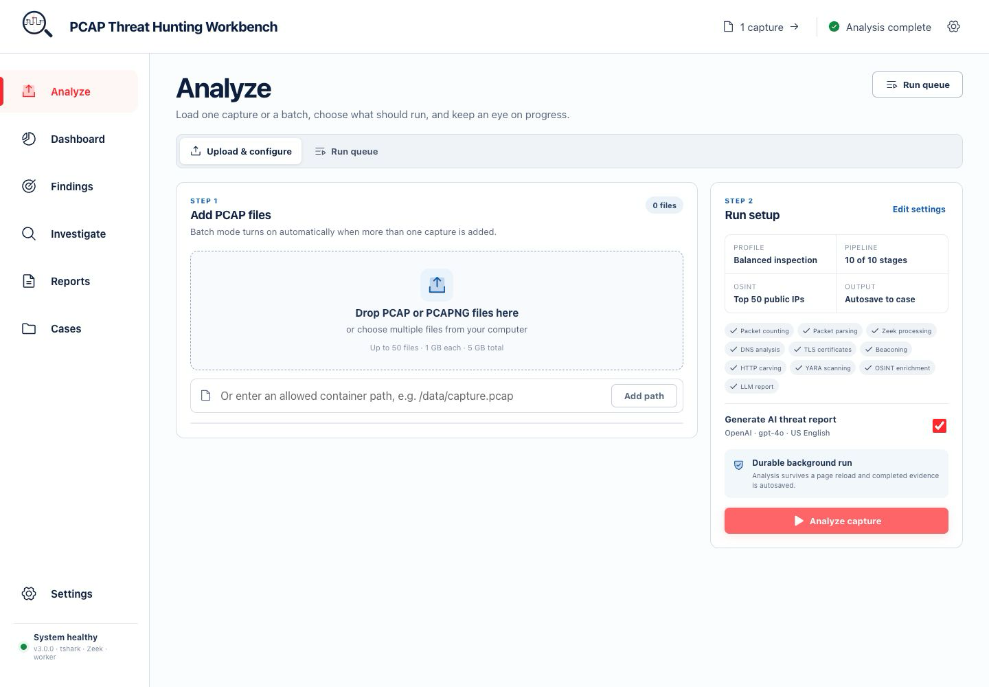 Analyze workspace in PCAP Hunter v3