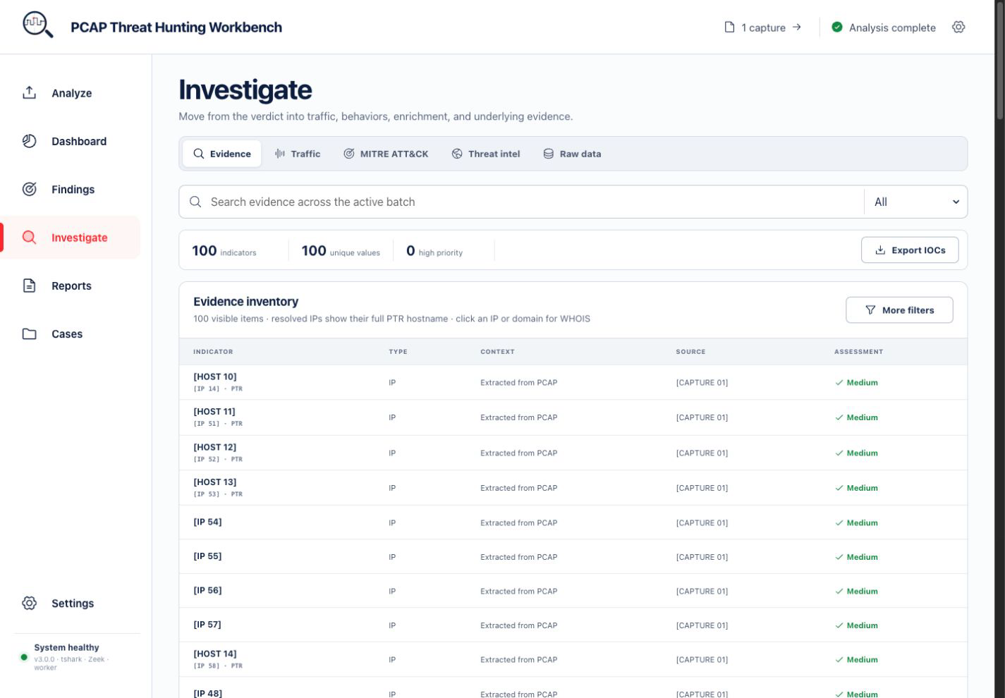 Evidence workspace in PCAP Hunter v3