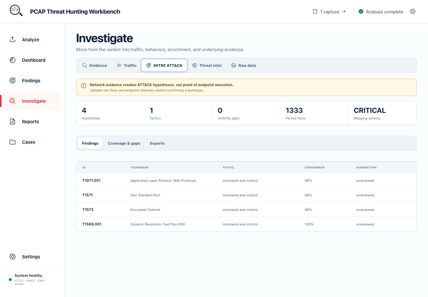 MITRE ATT&CK workspace in PCAP Hunter v3
