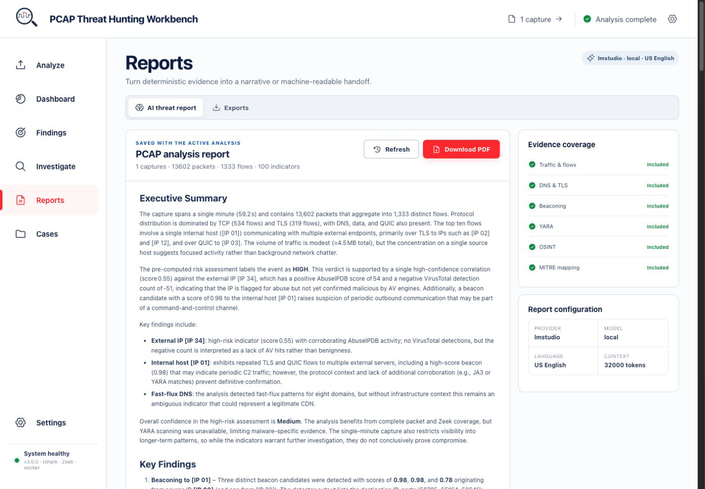 Reports workspace in PCAP Hunter v3