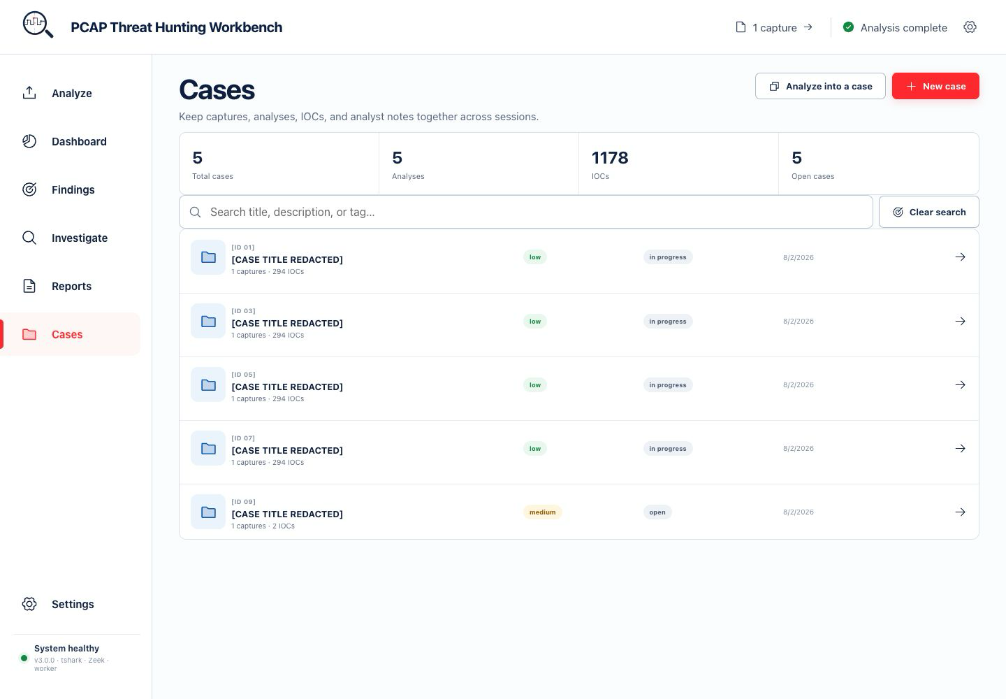 Cases workspace in PCAP Hunter v3