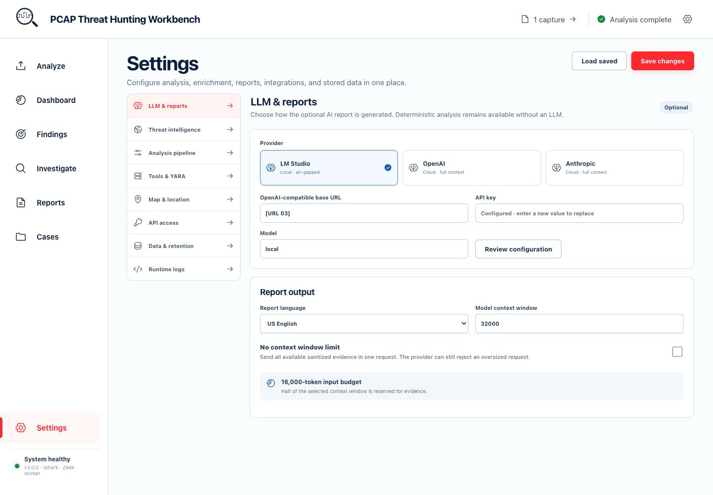 Settings workspace in PCAP Hunter v3
