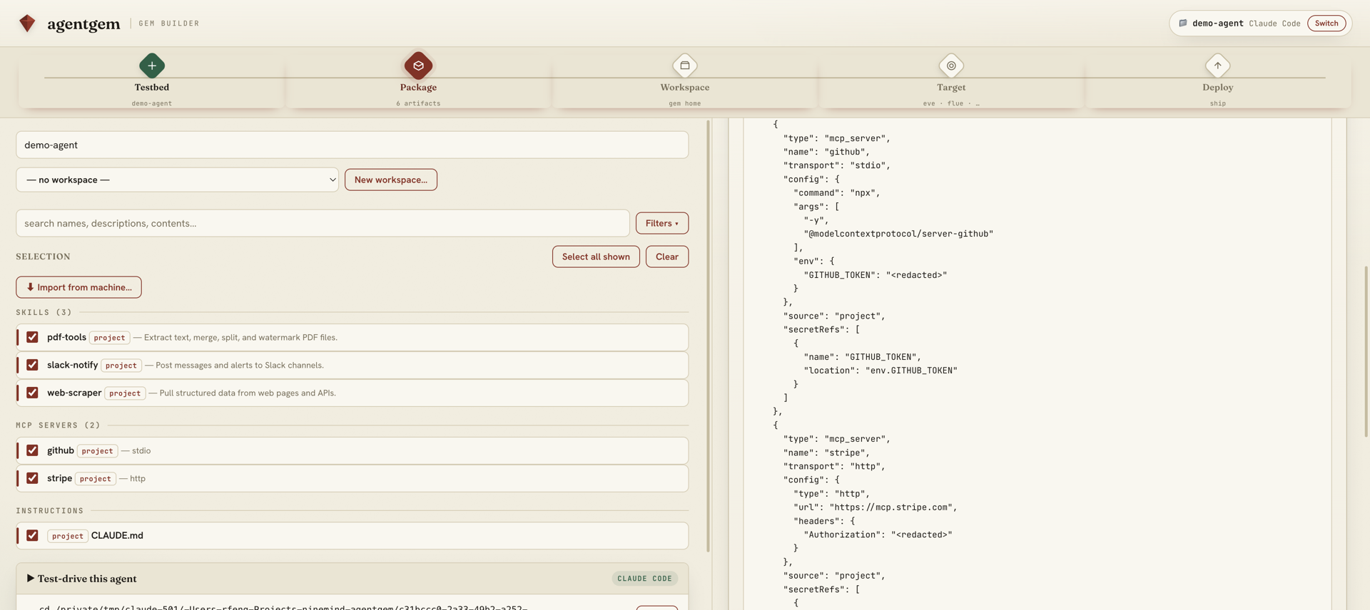 The AgentGem Gem Builder: selected skills and MCP servers on the left, the live gem.json on the right with every secret shown as <redacted>