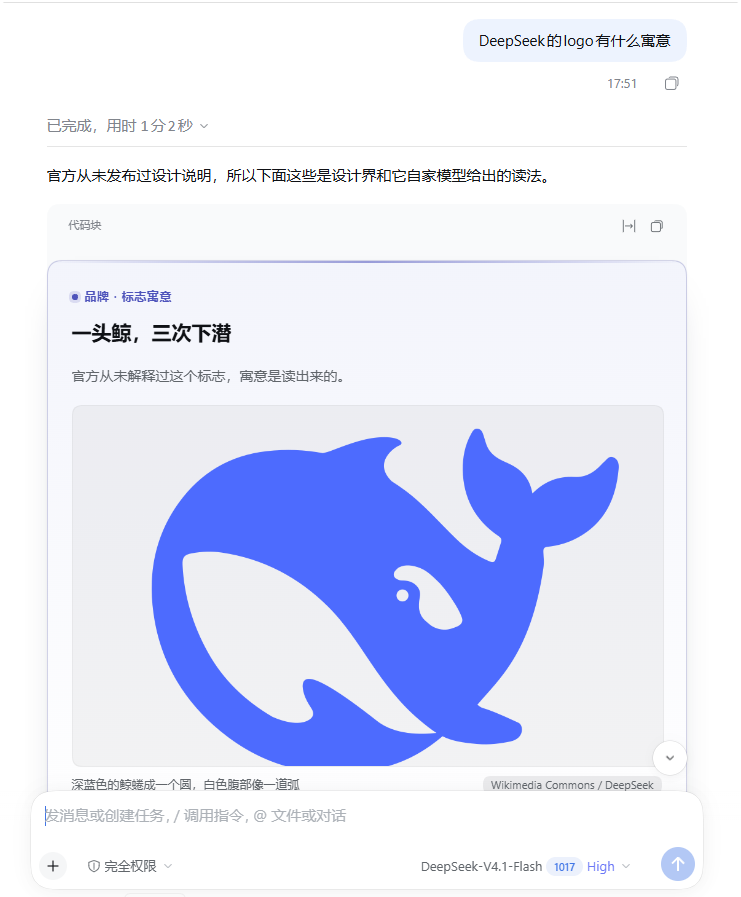 DeepSeek logo 卡片,配图来自 Wikimedia Commons