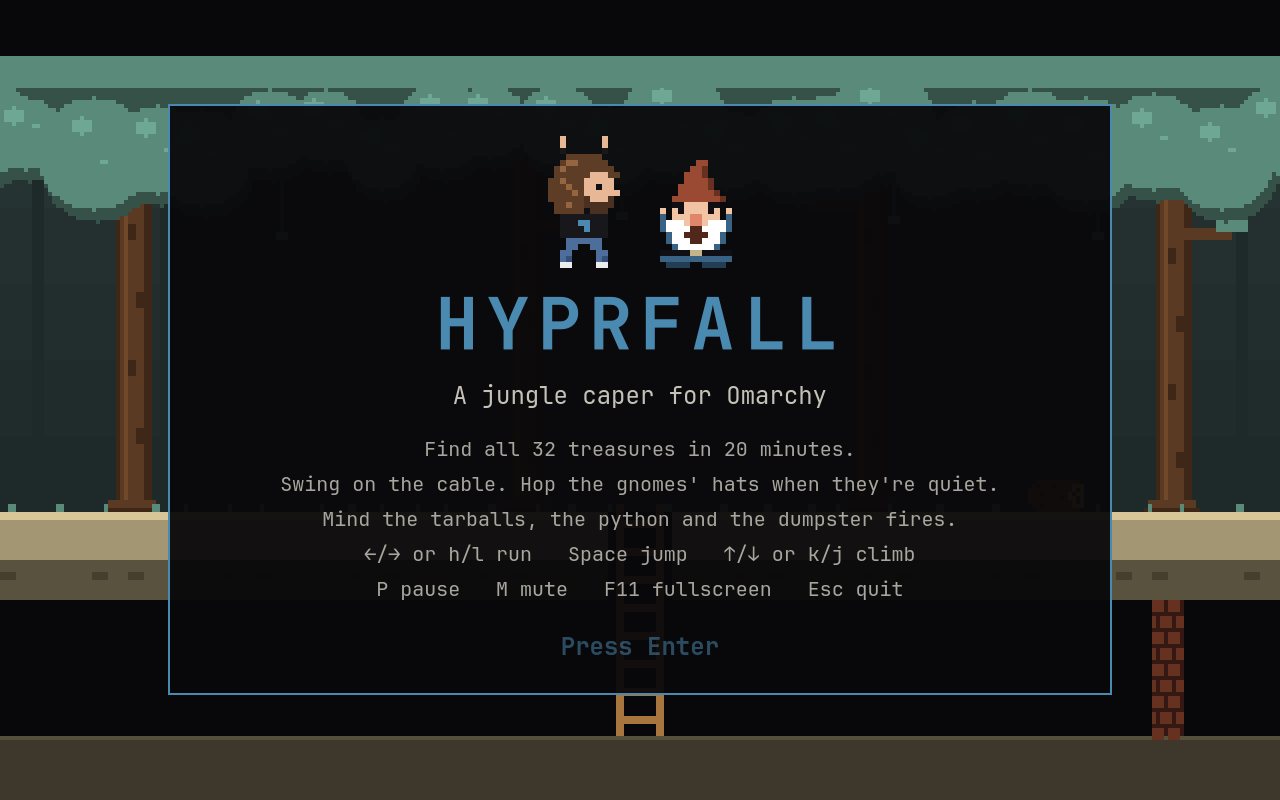 Title screen: HYPRFALL over a pixel-art jungle