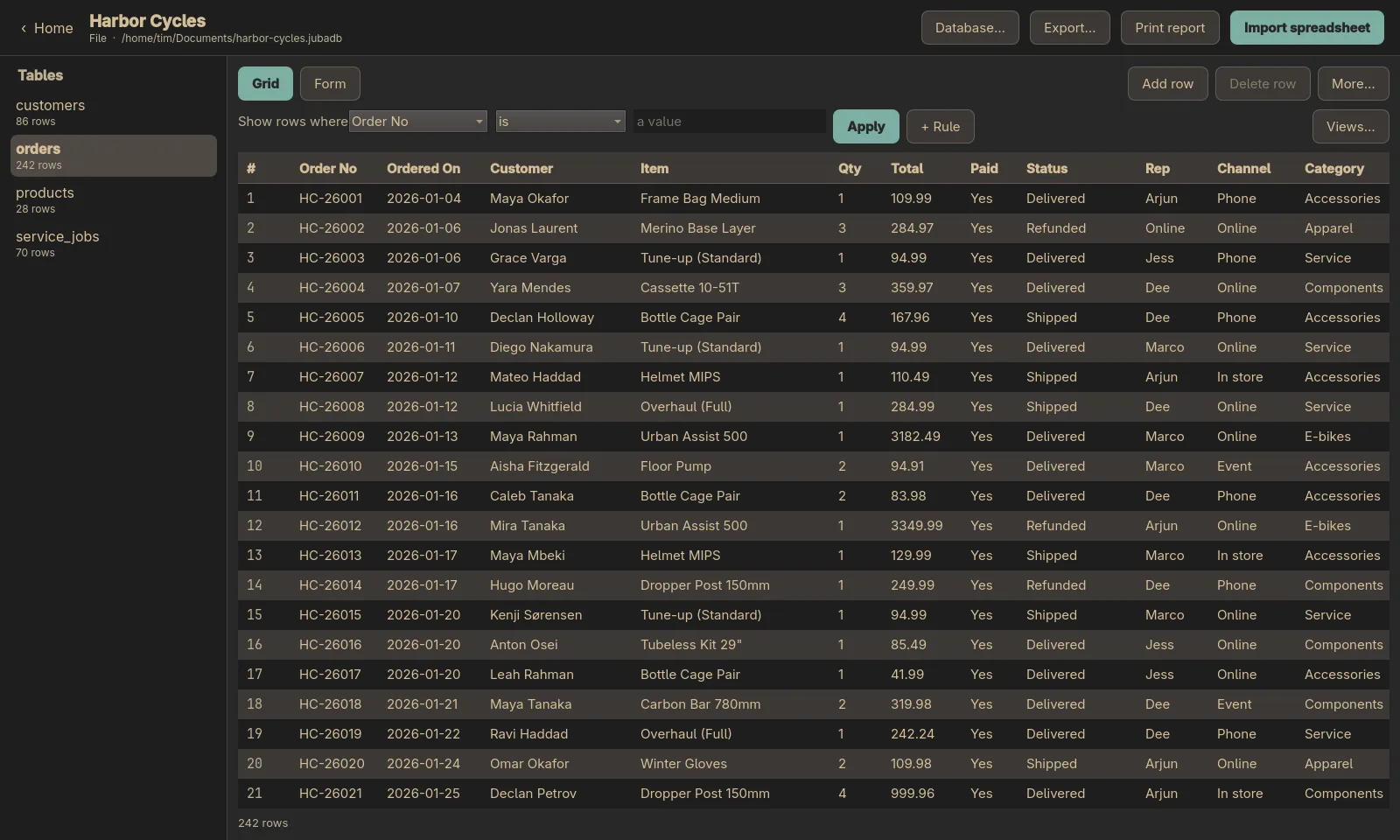 The orders table of a demo bike-shop database in the Jubako grid