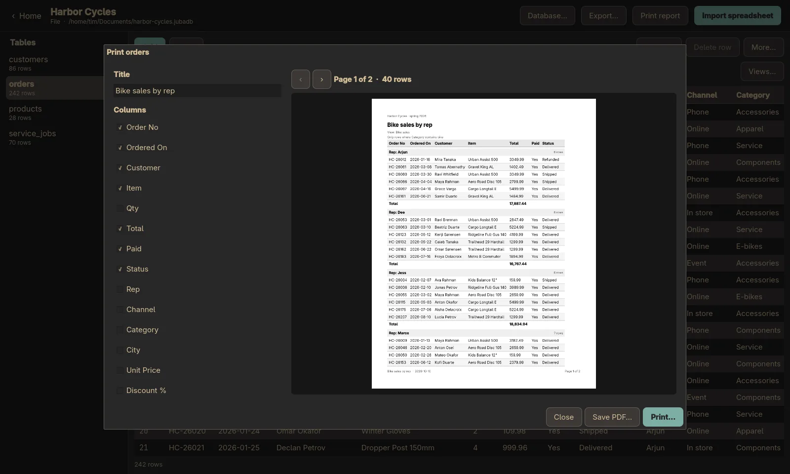 The report designer: bike sales grouped by rep, with a total per rep