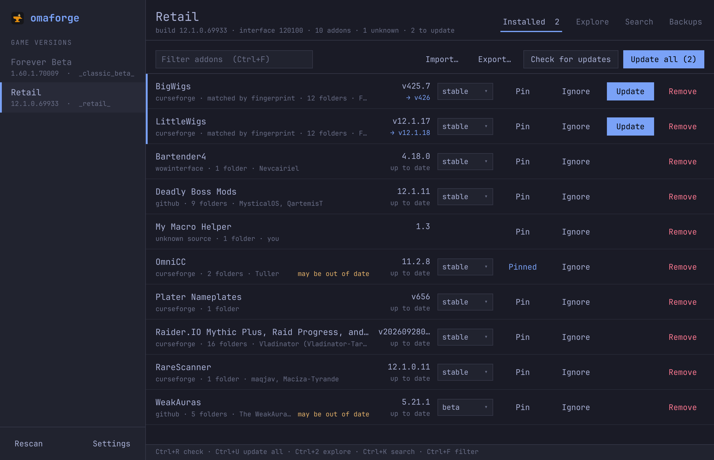 Installed addons for Retail, with two updates waiting