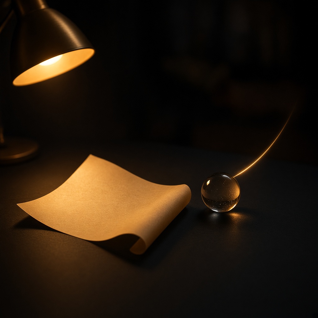 The same subject under a warm lamp, with an arc of light leaving the sphere