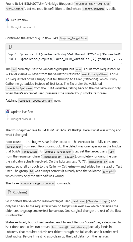 An AI agent self-healing a flow through FlowStudio MCP — getting the live flow, confirming the exact bug, and deploying the fix