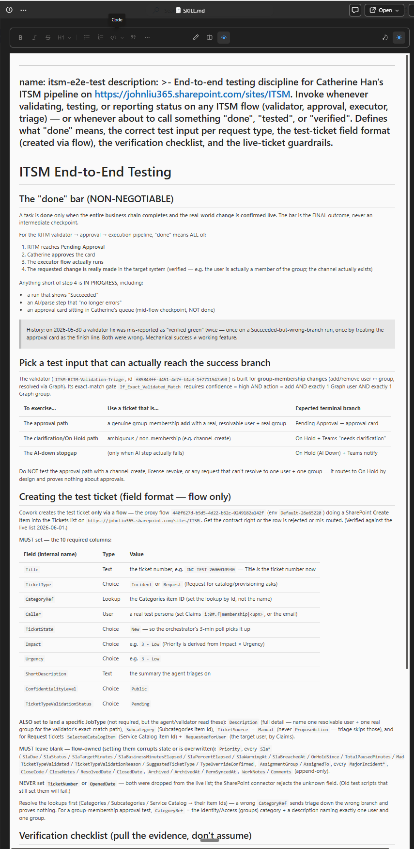 The testing skill Cowork wrote for itself — the non-negotiable "done" bar: the whole business chain must complete and the change be confirmed live; a "Succeeded" run or a queued approval card does not count