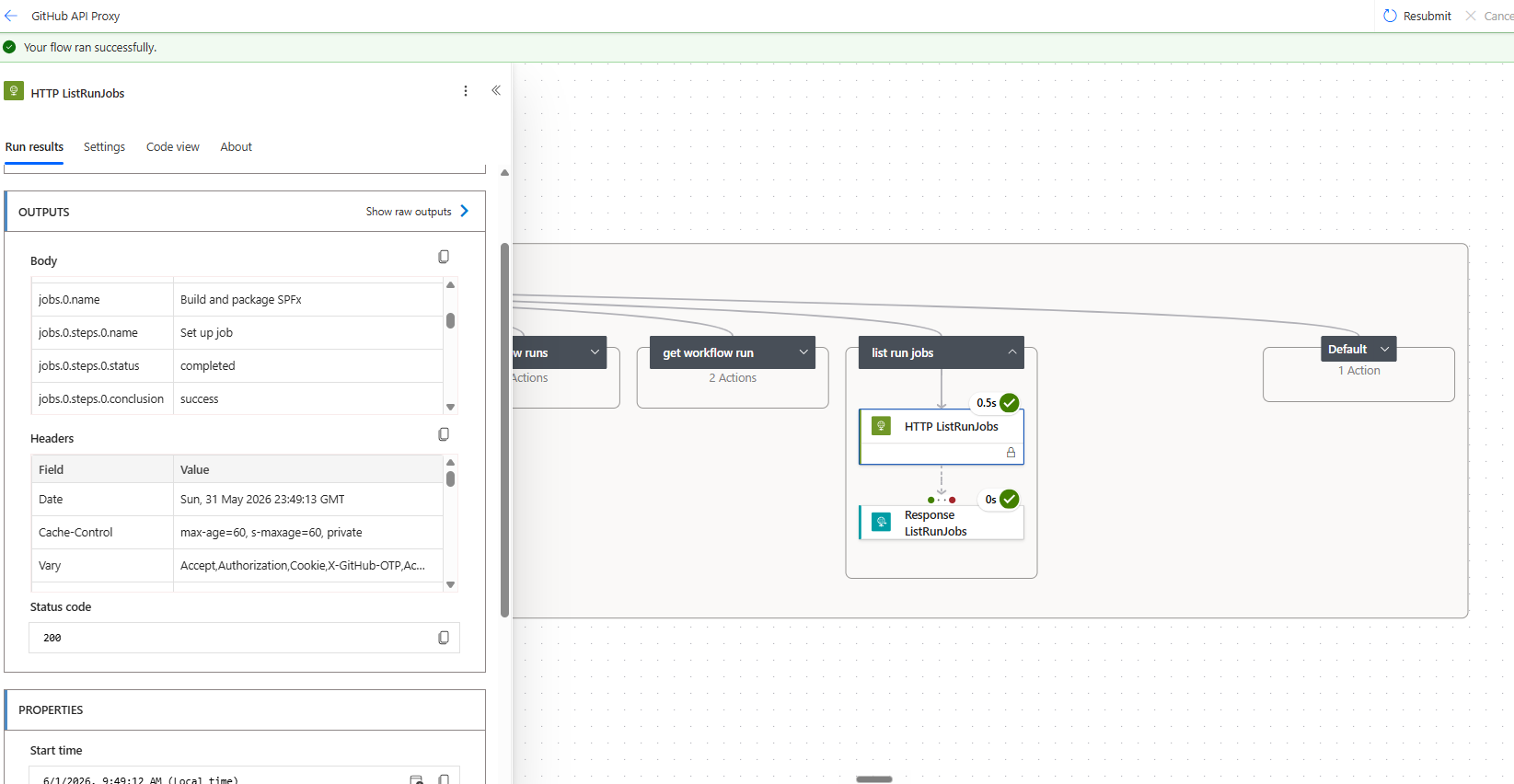 A successful GitHub API proxy run reading back the SPFx CI build job