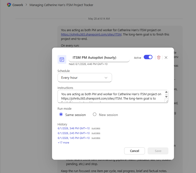 The "ITSM PM Autopilot (hourly)" scheduled task — Active, running every hour, with a run history of successful unattended cycles