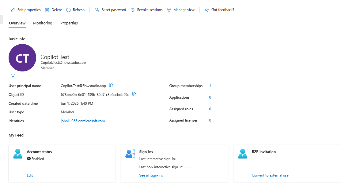 Microsoft Entra ID showing the target user now Enabled — the scoped executor made the real change in the tenant after approval
