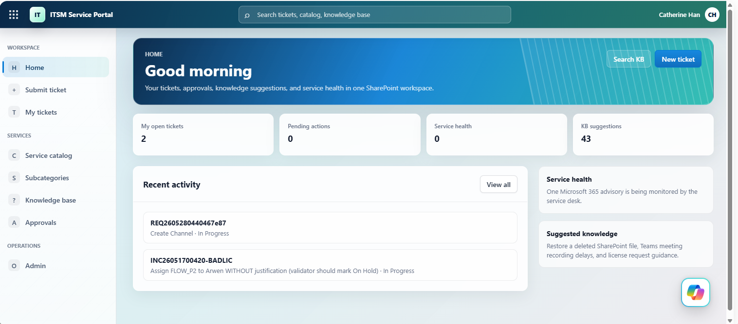 The ITSM Service Portal home — the SPFx single-page app's dashboard: open tickets, pending approvals, KB suggestions, and service health