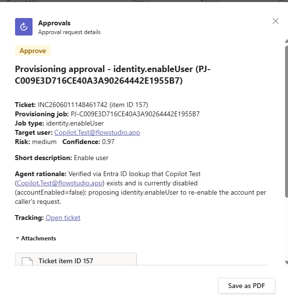 The manager's approval card in Teams — a proposed identity.enableUser action with the target user, risk, confidence, and the agent's rationale; one tap to Approve