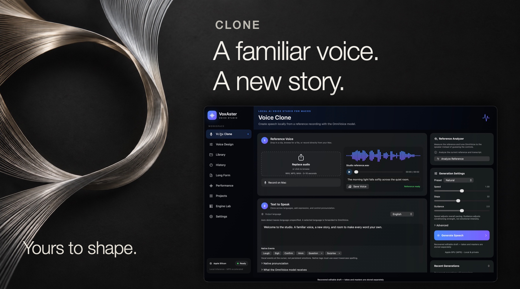 Clone — A familiar voice. A new story. The actual Voice Clone workspace alongside two converging silver forms.