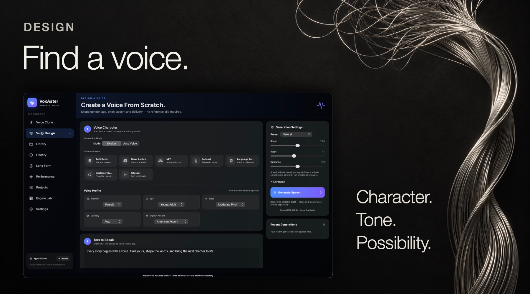 Design — Find a voice. The actual Voice Design workspace, with silver filaments gathering into a controlled form.