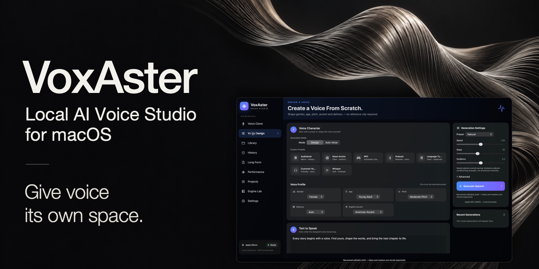 VoxAster — Local AI Voice Studio for macOS. Give voice its own space. Authentic Voice Design interface surrounded by silver acoustic filaments.
