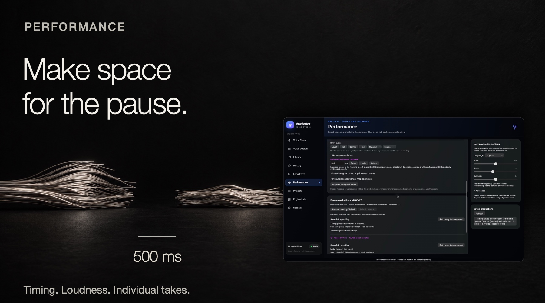 Performance — Make space for the pause. The actual production workspace with two separated sound sculptures and a 500 ms silence motif.