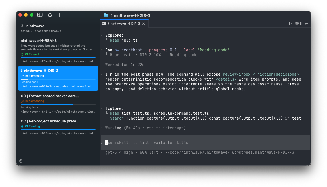 cmux showing active Ninthwave worker sessions and in-flight task output one step away while Ninthwave runs