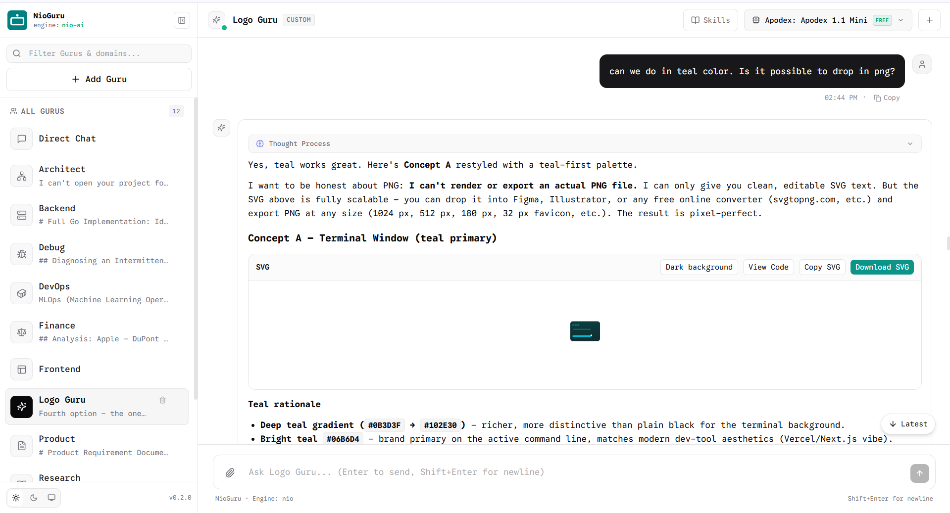 NioGuru chat with a custom Logo Guru and an SVG preview