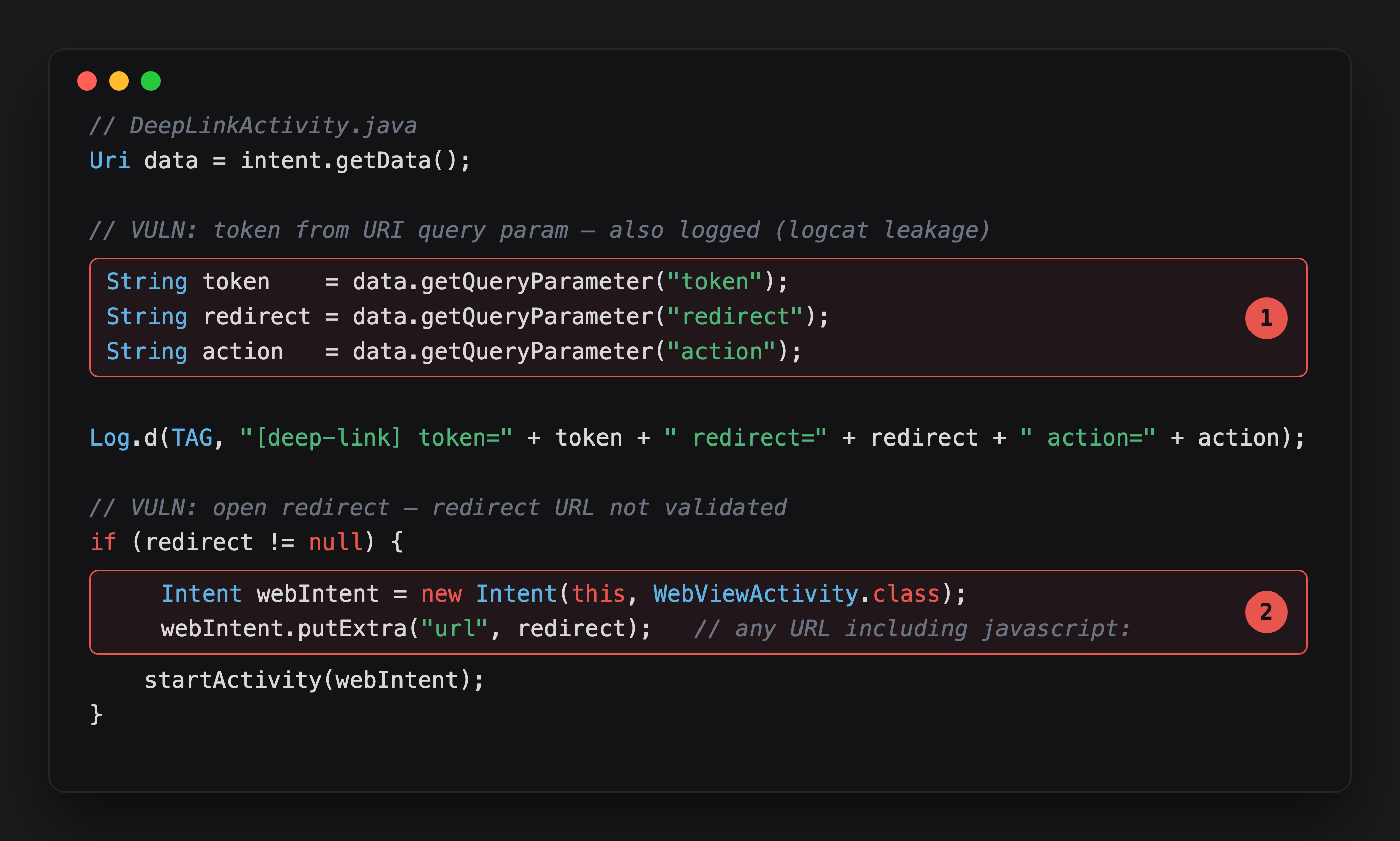 Annotated DeepLinkActivity showing the query-param extraction and the unchecked open redirect