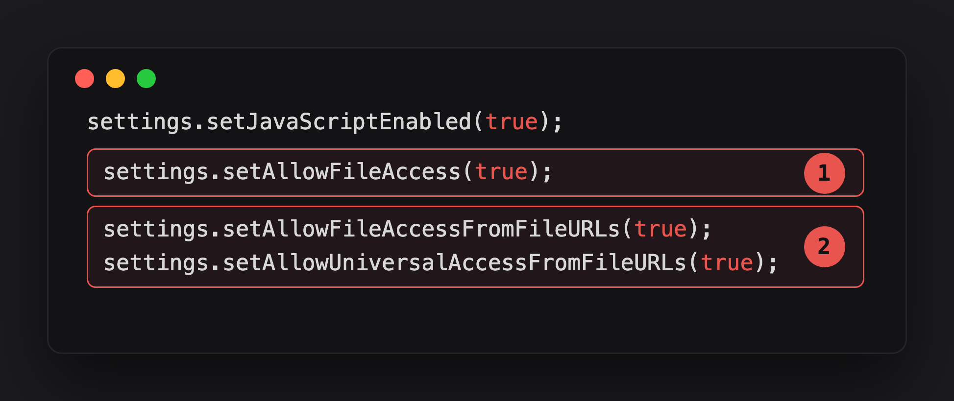 Annotated WebSettings showing the two file-access flags that turn on the escalation
