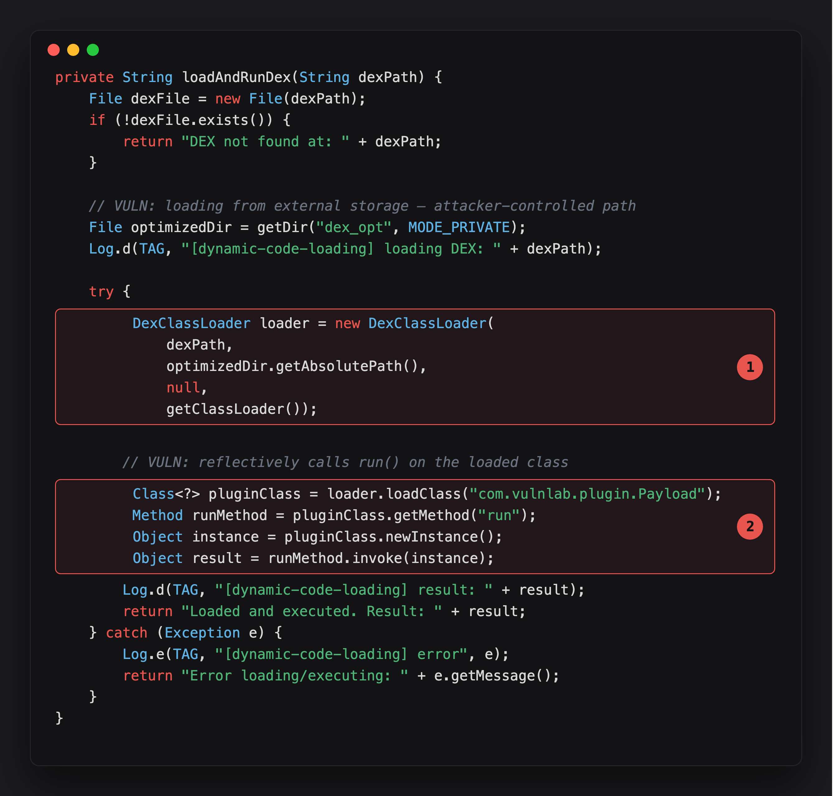 Annotated DexClassLoader construction and reflective invocation of the loaded plugin