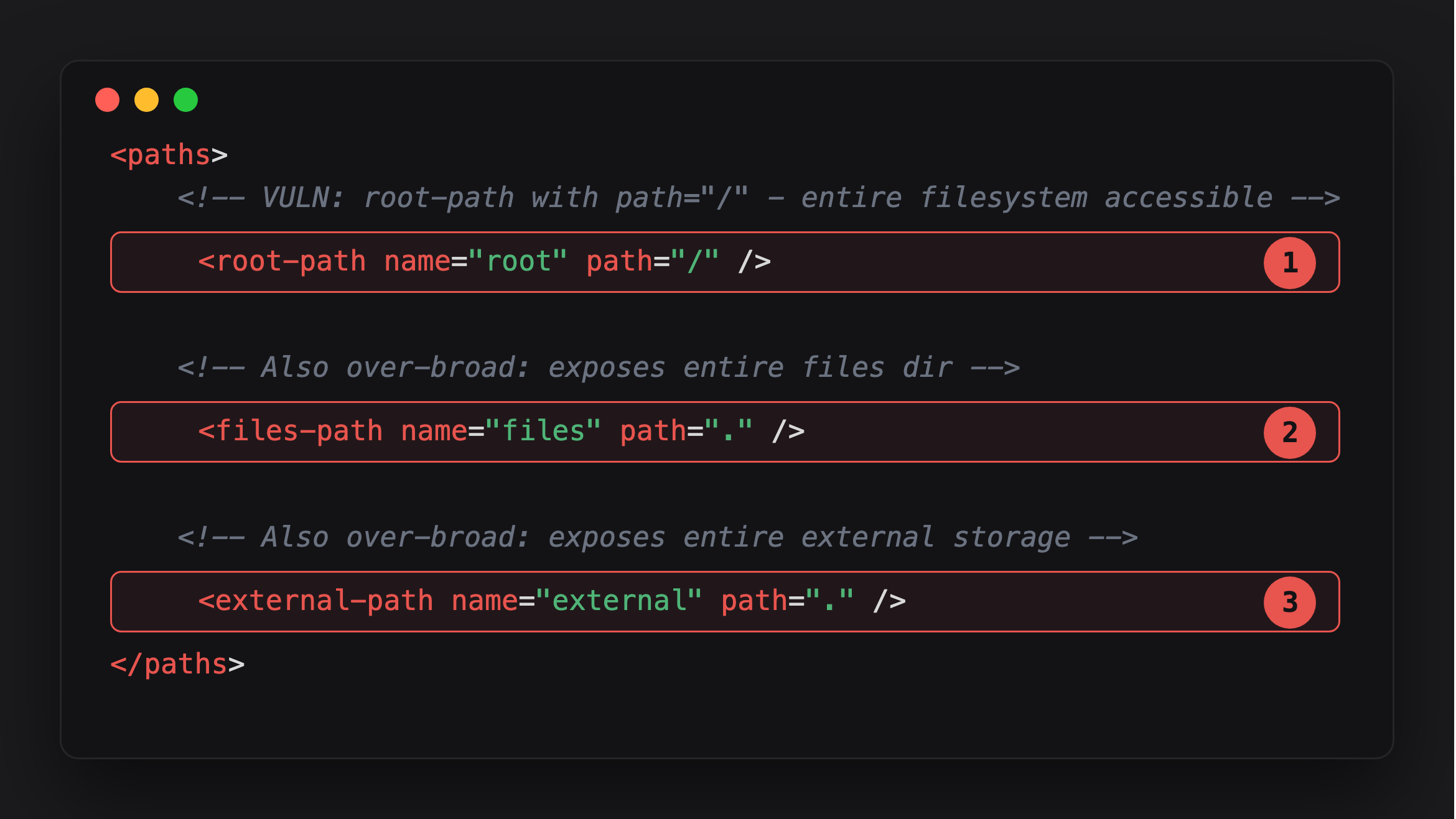 Annotated file_paths.xml showing all three over-broad path declarations