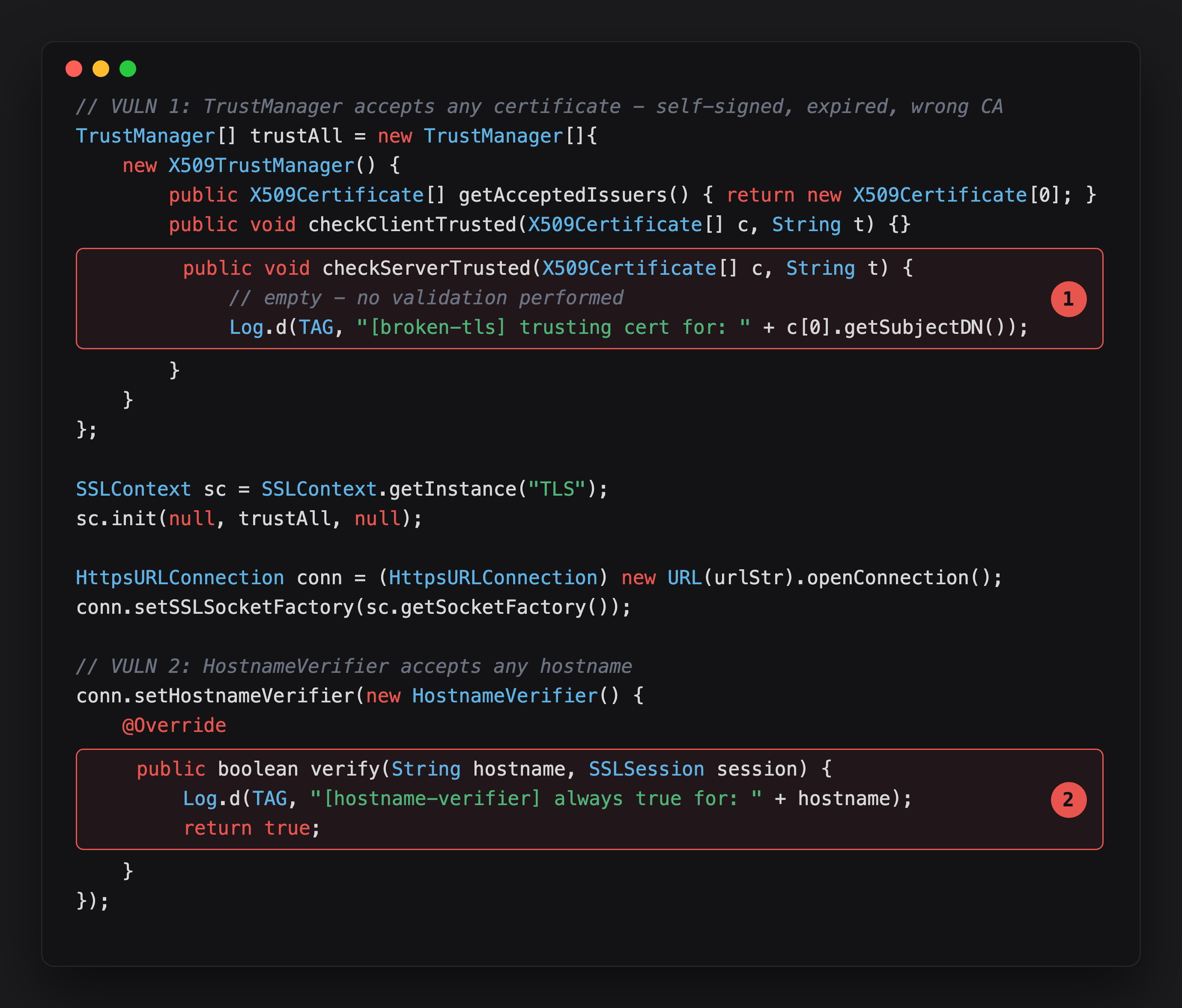 Annotated TLS setup showing the empty checkServerTrusted body and the always-true hostname verify